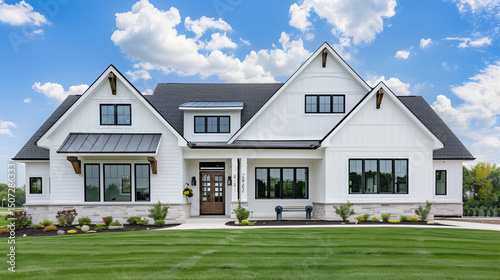 Modern German detached house on the hill with sky. House in the middle of the field. Modern architecture sleek house in the suburbs, house in the middle of the lawn