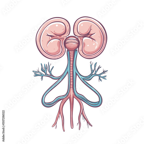 Detailed Illustration of Human Kidneys and Urinary System in Pink and Blue on White Background