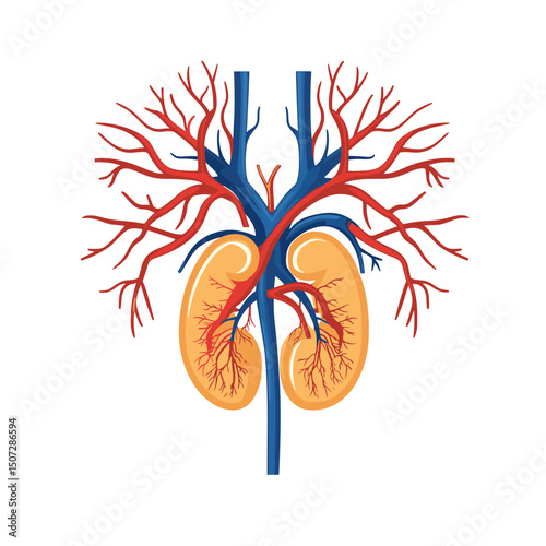 Detailed Illustration of Human Kidneys Veins and Arteries in Red and Blue on White Background