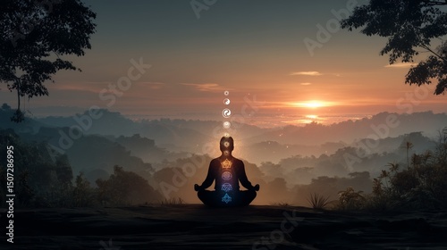 Seven chakras of the human body, 7 Chakras Human Body with Yoga, Aura, Yin Yang and Nature Balance Concept, chakra art design, Yoga silhouette