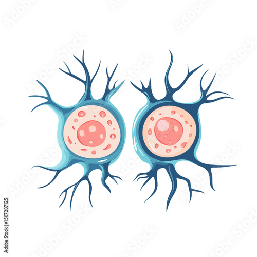 Detailed Illustration of Two Nerve Cells with Branching Dendrites and Pink Nucleus on a White Background in a Stylized Biological Design