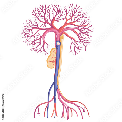 Detailed Illustration of Vascular System Anatomy with Arteries Veins and Branching Network on White Background in Red Blue and Yellow Tones