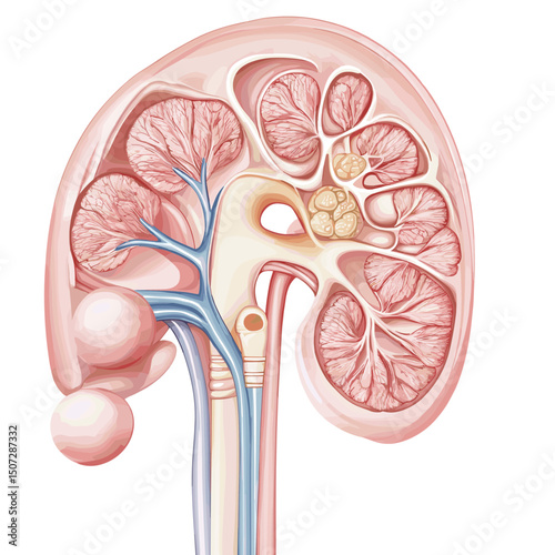 Detailed Kidney Anatomy Cross Section Illustration for Medical Visualization and Educational Purpose on White Background