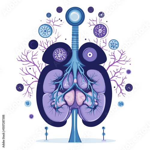 Detailed Kidney Anatomy Illustration with Purple and Blue Tones on White Background in a Pixel Art Style for Medical Infographics