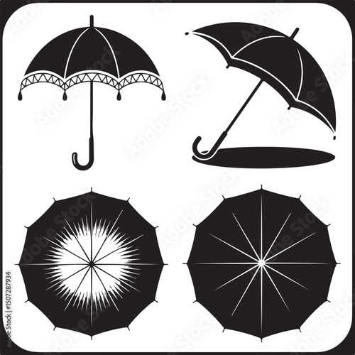 Umbrella in the Rain: A monochromatic artistic depiction of an umbrella shielding from a downpour, emphasizing protection and weather-related elements.