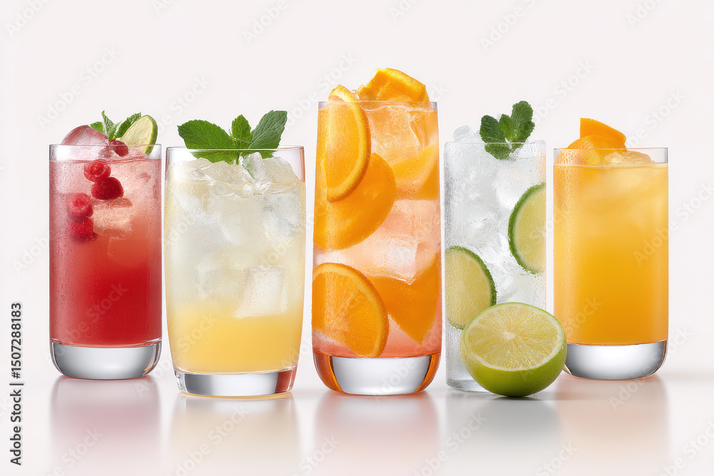 Fototapeta premium collection of refreshing summer cocktails featuring watermelon mandarin lemon and lime colors