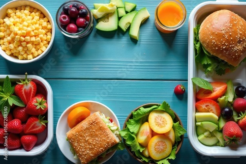 A vibrant spread of delicious lunch options including sandwiches, salads, and fruit, perfect for a healthy and satisfying midday meal Ideal for office lunches, picnics, or potlucks , spring, catering