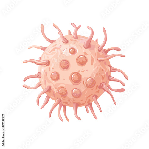 Detailed Microscopic View of Spherical Pink Virus with Spikes on White Background in Pixel Art Style Representing Microbiology and Infectious Diseases