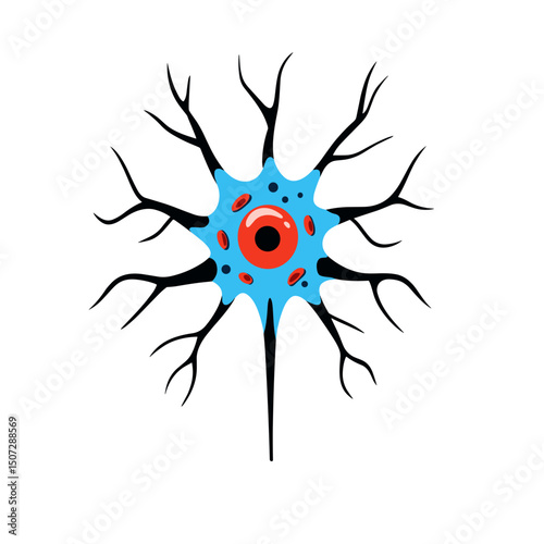 Detailed Neuron Cell Illustration with Red Nucleus Cyan Body and Black Dendrites on a Clean White Background