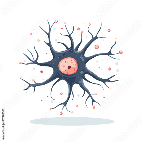 Detailed Pixel Art Illustration of a Gray Neuron Cell with Pink Accents on a White Background