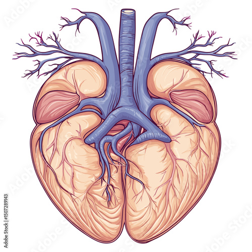Detailed Pixel Art Illustration of Heart and Lungs Anatomical Structure Showing Blue Arteries and Veins in a Vintage Style on White