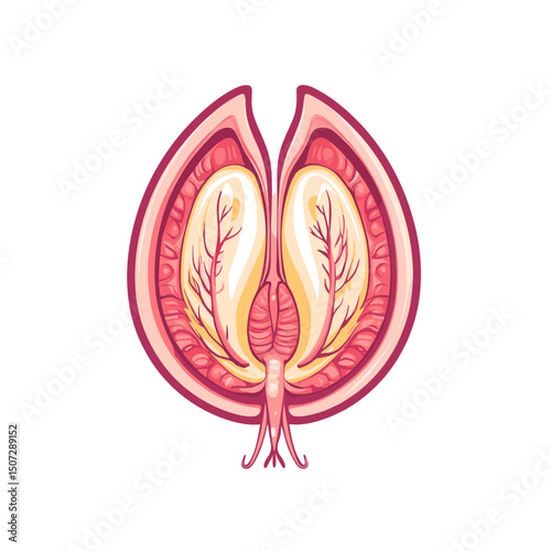 Detailed Pixel Art Illustration of Fruit Section with Seeds and Internal Structure in Pink and Yellow Hues Against a White Backdrop