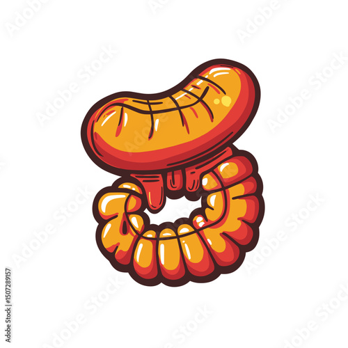 Detailed Pixel Art Illustration of Cooked Sausage Isolated on White Background with Sizzling Orange Hue