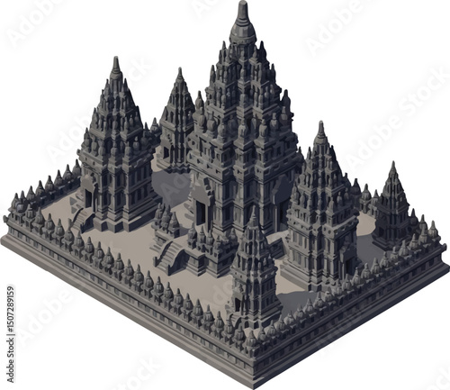 3D Isometric Model Exploring the Architectural Marvel of Prambanan Temple
