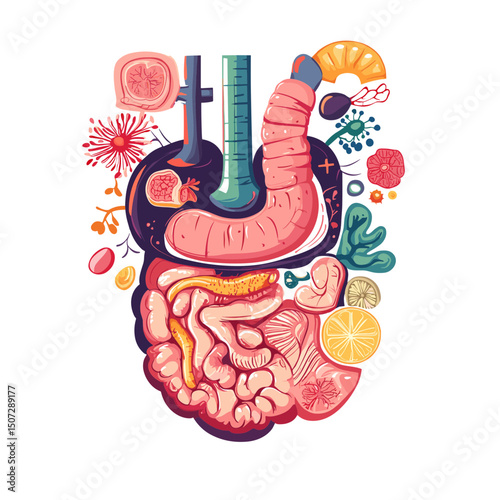 Detailed Pixel Art Illustration of Human Digestive System with Intestine, Stomach and Esophagus in Colorful Artistic Style on White Background