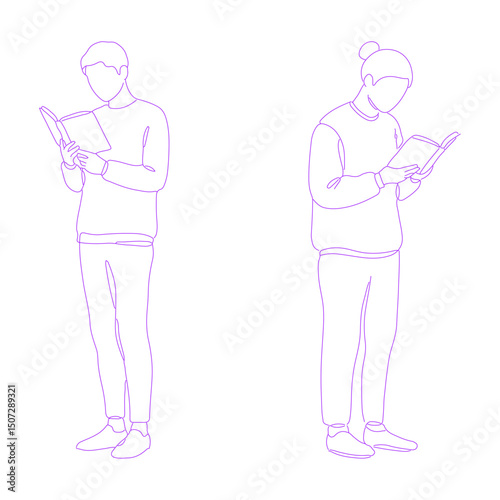 person standing while reading a book pose lineart illustration