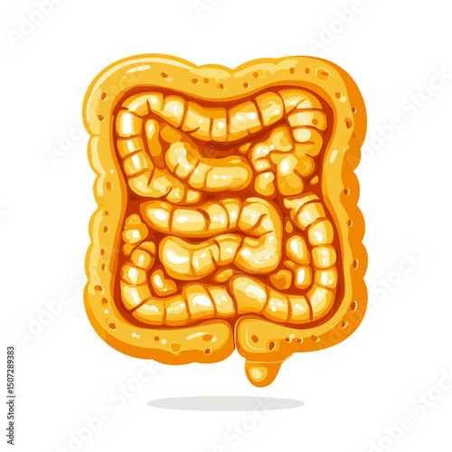 Detailed Pixel Art Illustration of Intestines Showing Internal Organ Structure Anatomy in Digestive Health and Yellow Color Palette