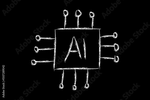 Hand drawn AI chip icon, chalk line stroke, AI processor symbol or sign, artificial intelligence microchip.