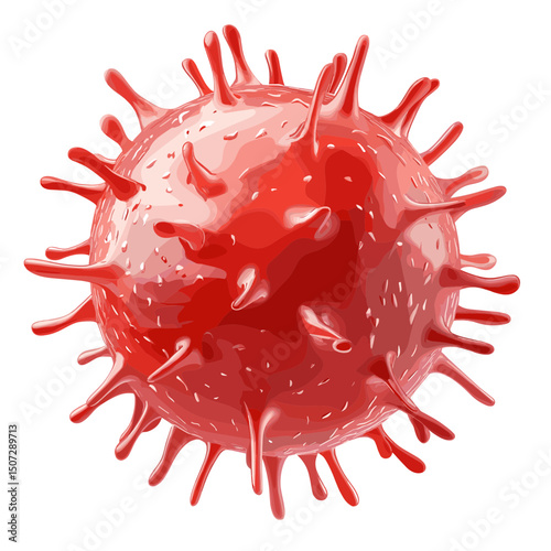 Detailed Red Virus Particle with Spikes and Textured Surface on White Background Illustrating a Microscopic Pathogen