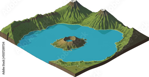 Stunning 3D Isometric Illustration of Volcanic Crater Lake Landscape A Detailed Digital Artwork