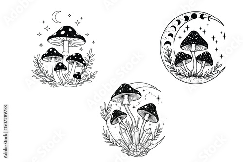 Mystical Mushroom Moon Clipart Set