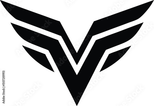 "V-shaped abstract wing logo, horizontal lines forming stylized wings, solid black, modern look." silhouette.