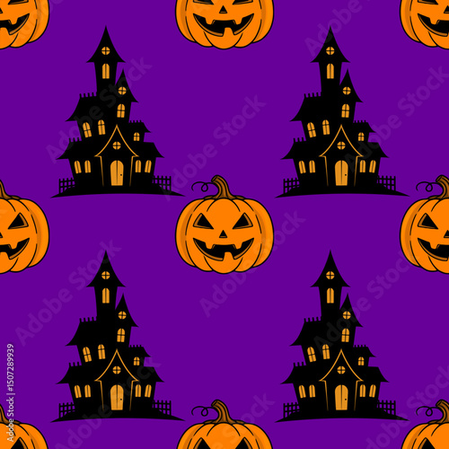 Seamless vector Halloween pattern with spooky houses and grinning pumpkins on a vibrant purple background, perfect for festive designs.