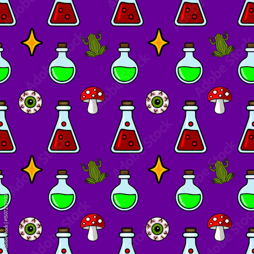 Seamless vector pattern featuring whimsical Halloween elements: vibrant green and red potions, quirky frogs, eerie eyeballs, and magical toadstools on a deep purple background.