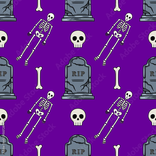 Seamless vector Halloween pattern featuring quirky skeletons, skulls, and cracked tombstones on a vibrant purple background, ideal for spooky-themed designs.