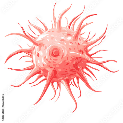Detailed Vector Illustration of a Red Colored Virus or Microbe on a White Background with Spiked Surface and Concentric Pattern