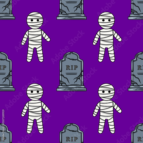 Seamless vector pattern featuring cute cartoon mummies and cracked gravestones on a vibrant purple background, ideal for Halloween-themed designs.