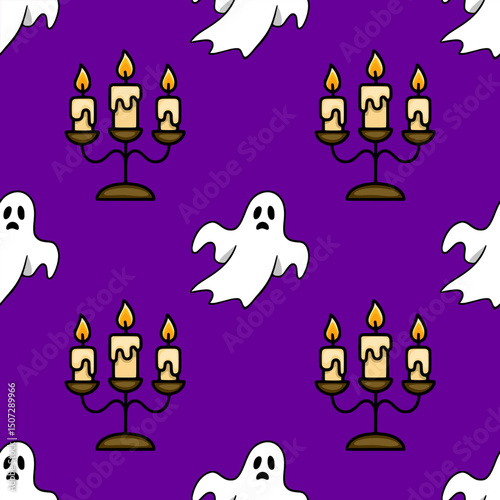 Seamless vector Halloween pattern featuring whimsical ghosts and ornate candle holders against a vibrant purple background, creating a playful yet spooky atmosphere.