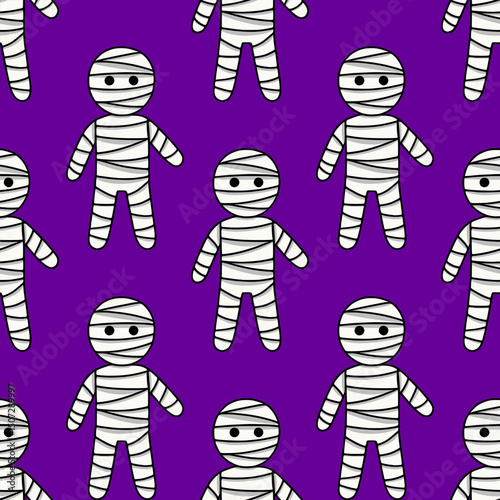 Seamless vector pattern of cute cartoon mummies in bandage costumes on a rich purple background, perfect for Halloween-themed designs.