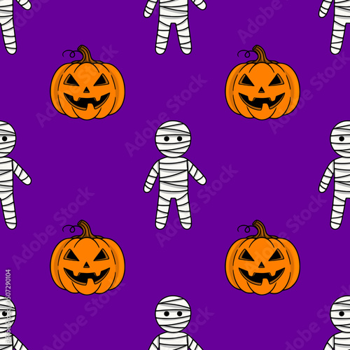 Seamless vector Halloween pattern featuring cute cartoon mummies and grinning pumpkins on a vibrant purple background, perfect for festive designs and spooky celebrations.