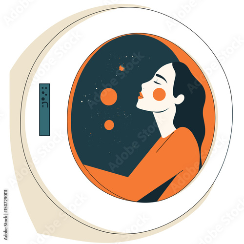 Dreamy Profile of Woman Contemplating Stars in a Dark Blue Night Sky Digital Illustration with Abstract Orange Accents