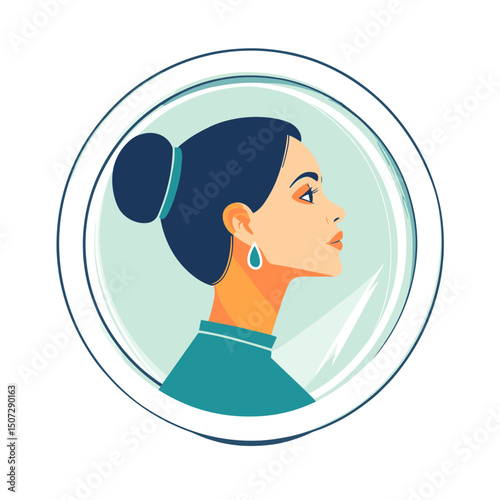 Elegant Woman Portrait with Hair Bun in Blue Tones Circle Frame Retro Style Graphic Illustration Art Deco Flair