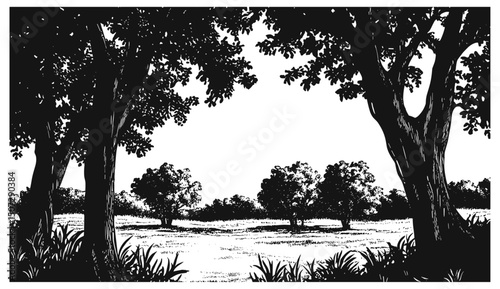 Prairie spring scene, elm tree forest pack, forest silhouette, wild nature, engraving style, black tree, vector illustration, scenic woodland, nature clipart, rustic environment.