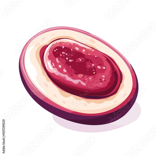 Halved Pixel Art Plum with Detailed Red Pulp and Smooth Skin in White Background