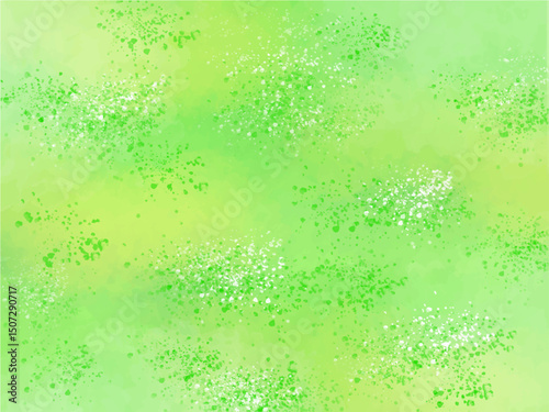 新緑や若草のイメージの背景素材。水彩手描きの筆のタッチ。キラキラした光。スプラッシュ。シロツメクサなど野草の咲いた野原の風景。