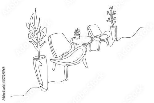 Minimalist continuous one line drawing of modern interior chairs with potted plants and decorative vases, isolated on white background.