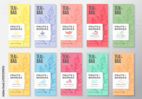 Fruit and Berries Tea Labels Collection. Abstract Vector Packaging Design Layouts Set with Realistic Shadows. Modern Typography, Hand Drawn Tea Leaves Silhouettes Background. Beverage Emblems Isolated