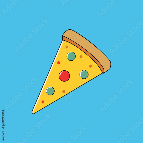 Cartoon Pizza Slice with Melting Cheese, Pepperoni, and Veggie Toppings – Fun Hand-Drawn Fast Food Illustration on Blue Background for Kids’ Menus, Stickers, and Playful Designs