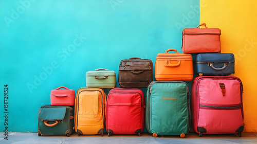 Colorful suitcases stacked against a vibrant wall. photo