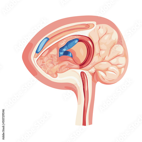 Illustration of Human Brain Anatomy with Medical and Scientific Details Featuring Cerebral Structure and Neurological Components on White Background