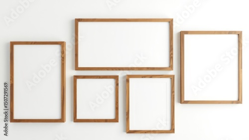 Simple Minimalist Arrangement Featuring Several Blank Wooden Frames of Varying Sizes on an Isolated White Wall