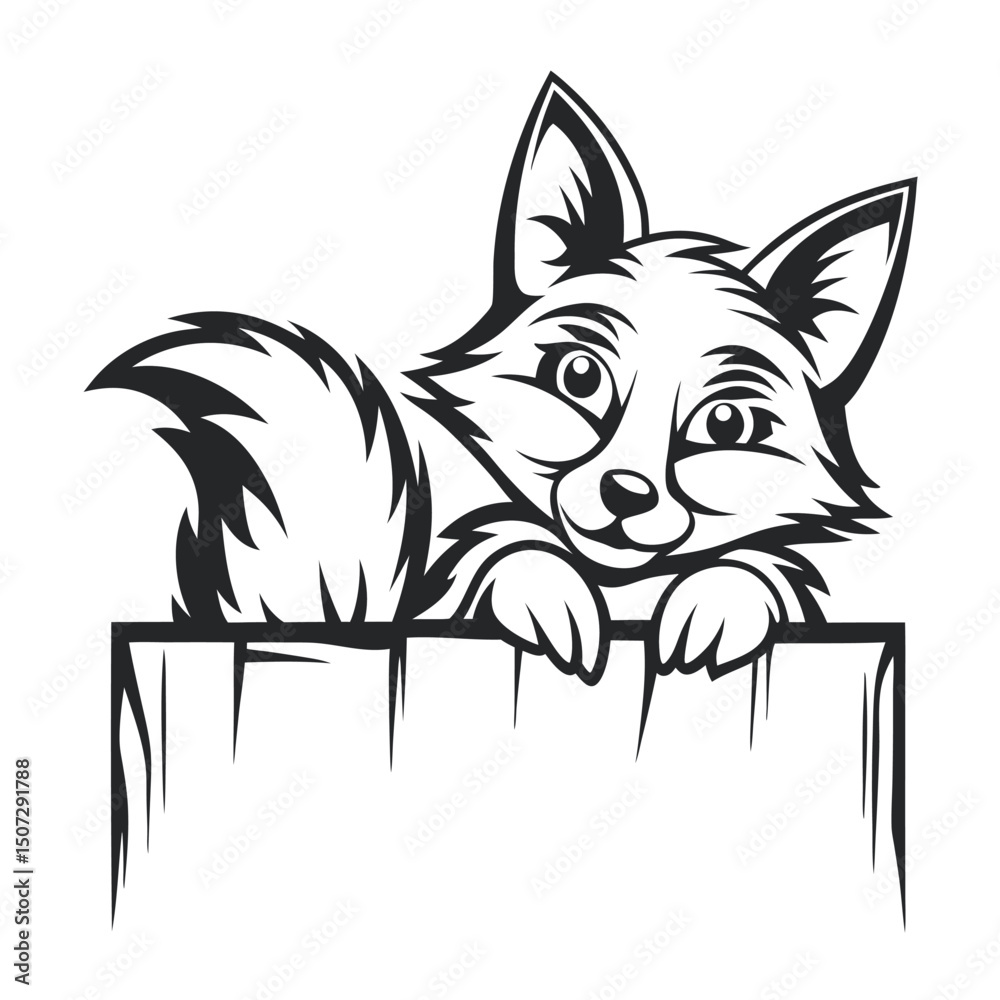 Obraz premium Adorable Cartoon Fox Peeking Over Wooden Fence – Cute Hand-Drawn Woodland Animal Illustration in Vector Style for Children’s Content, Nature Themes, and Whimsical Art Projects