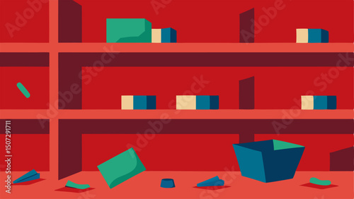 Empty Shelves A closeup of a shelf that once held products now mostly with a few items left tered haphazardly.