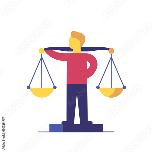 Illustration of Scale of Justice Red Shirt Cartoon Man on White Background Symbolizing Balance Legal Fairness