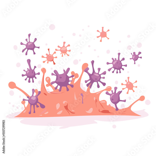 Illustration of Viral Replication Process with Purple Virus and Pink Tissue on White Background