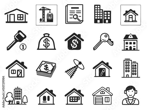 Real Estate Icon Set – Black and White Line Art for Property and Housing